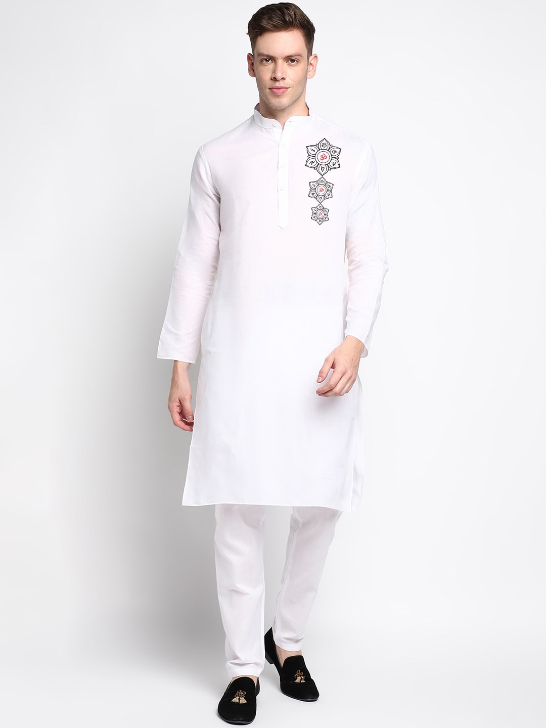 

DEVOILER Men White Embroidered Thread Work Block Print Kurta