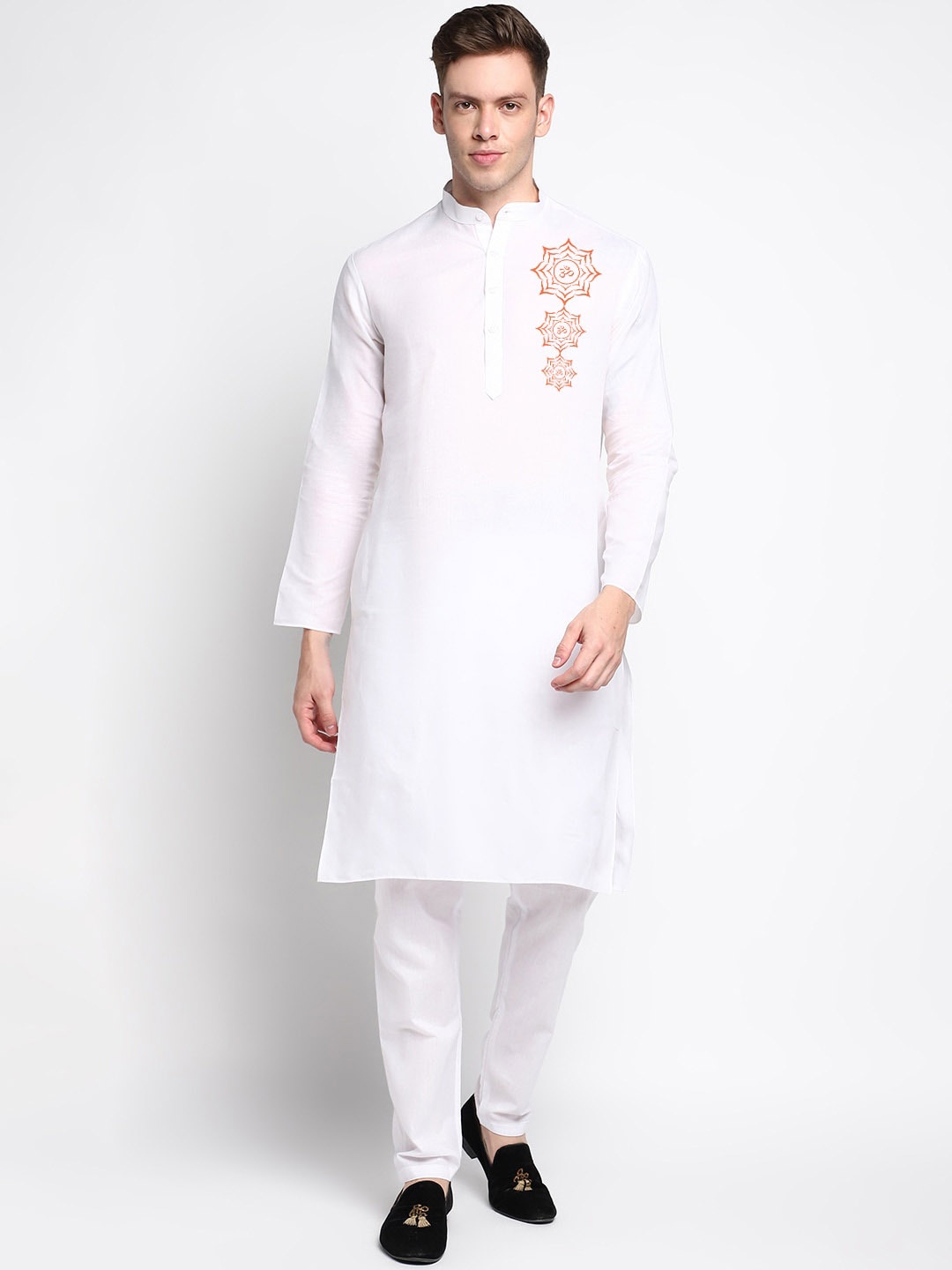 

DEVOILER Men White Embroidered Thread Work Block Print Kurta