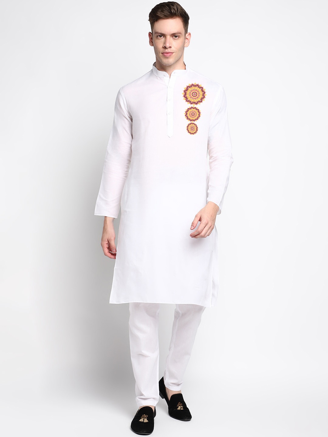

DEVOILER Men White Embroidered Thread Work Block Print Kurta