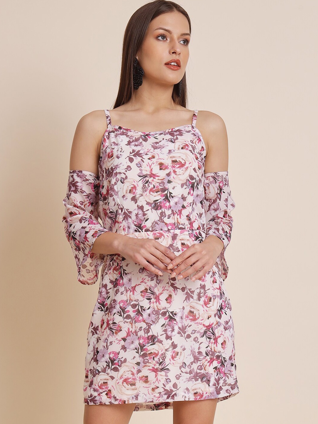 

HERE&NOW Purple Floral Print Cold-Shoulder Georgette A-Line Dress
