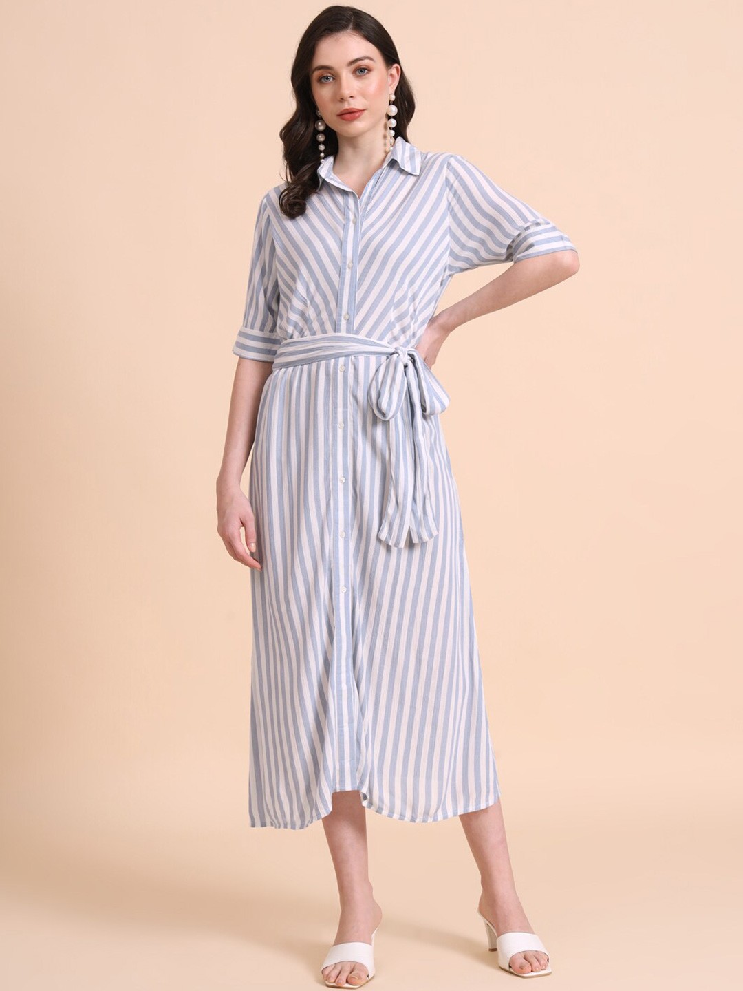 

HERE&NOW White Striped Shirt Midi Dress