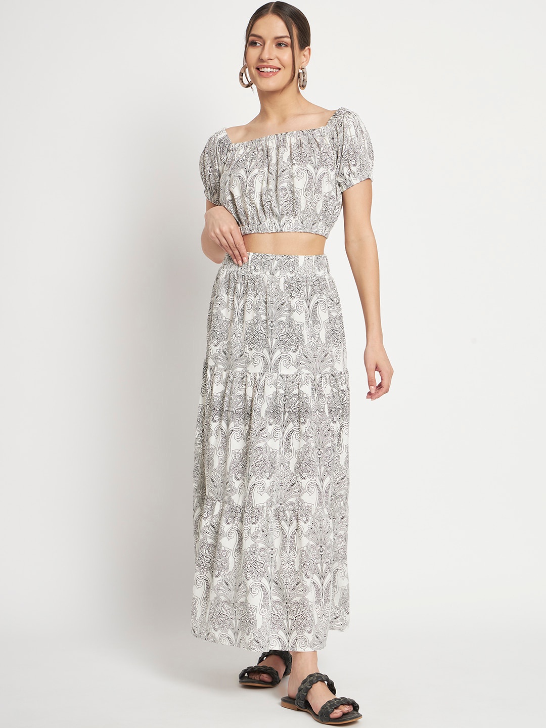 

HERE&NOW White & Grey Printed Off-Shoulder Top With Skirt