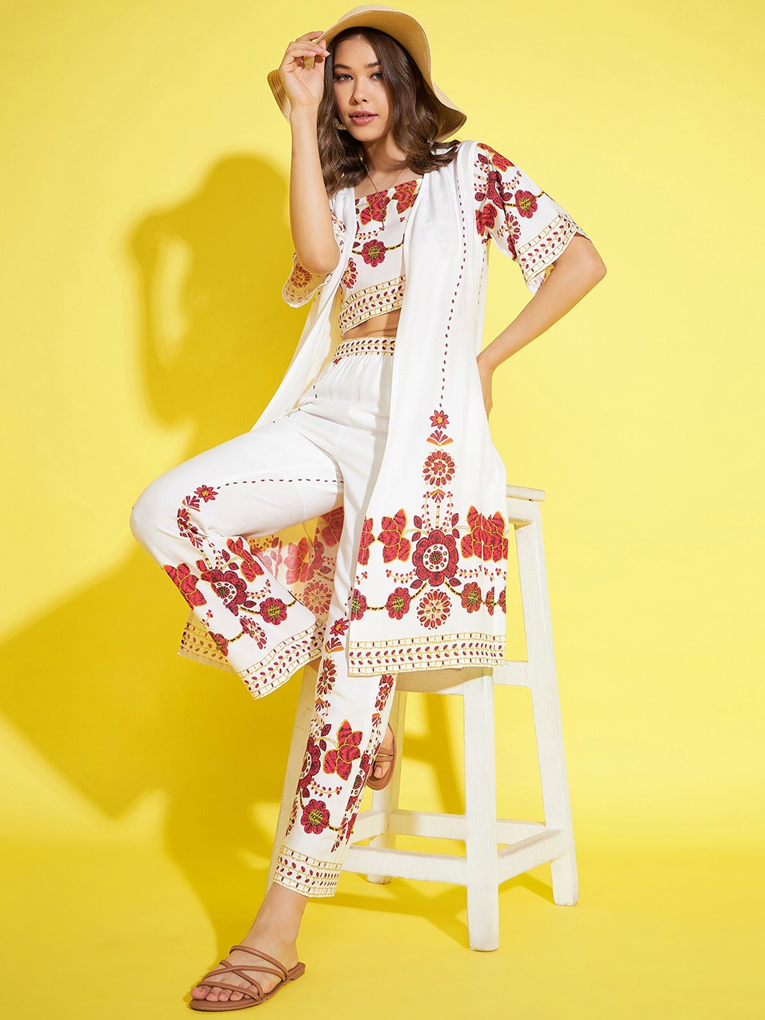 

StyleStone Floral Printed Halter Neck Top & Shrug With Trouser, White