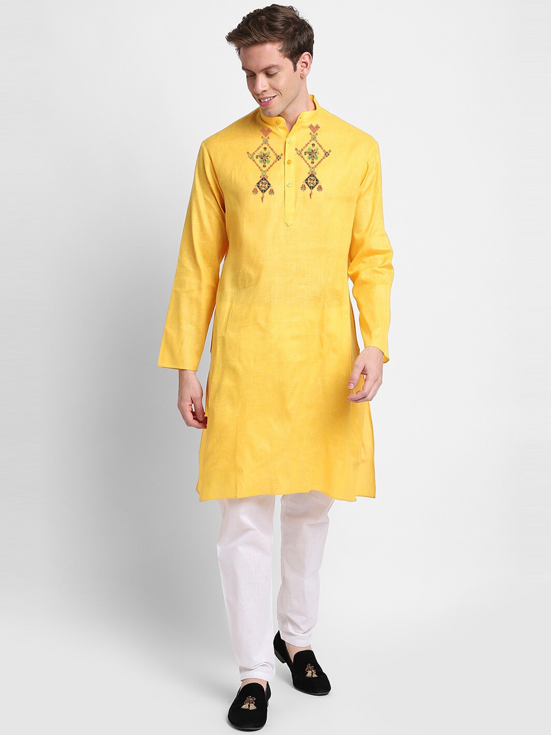 

DEVOILER Ethnic Motifs Printed Band Collar Straight Kurta With Pyjama, Yellow