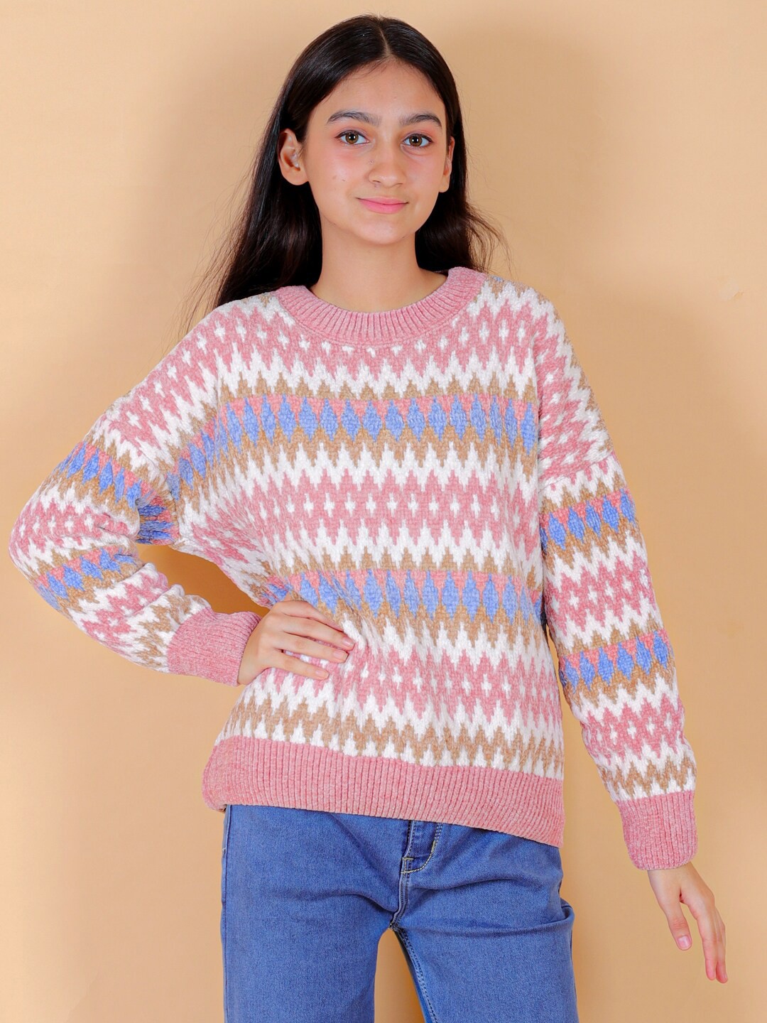 

BAESD Girls Printed Woollen Pullover, Pink