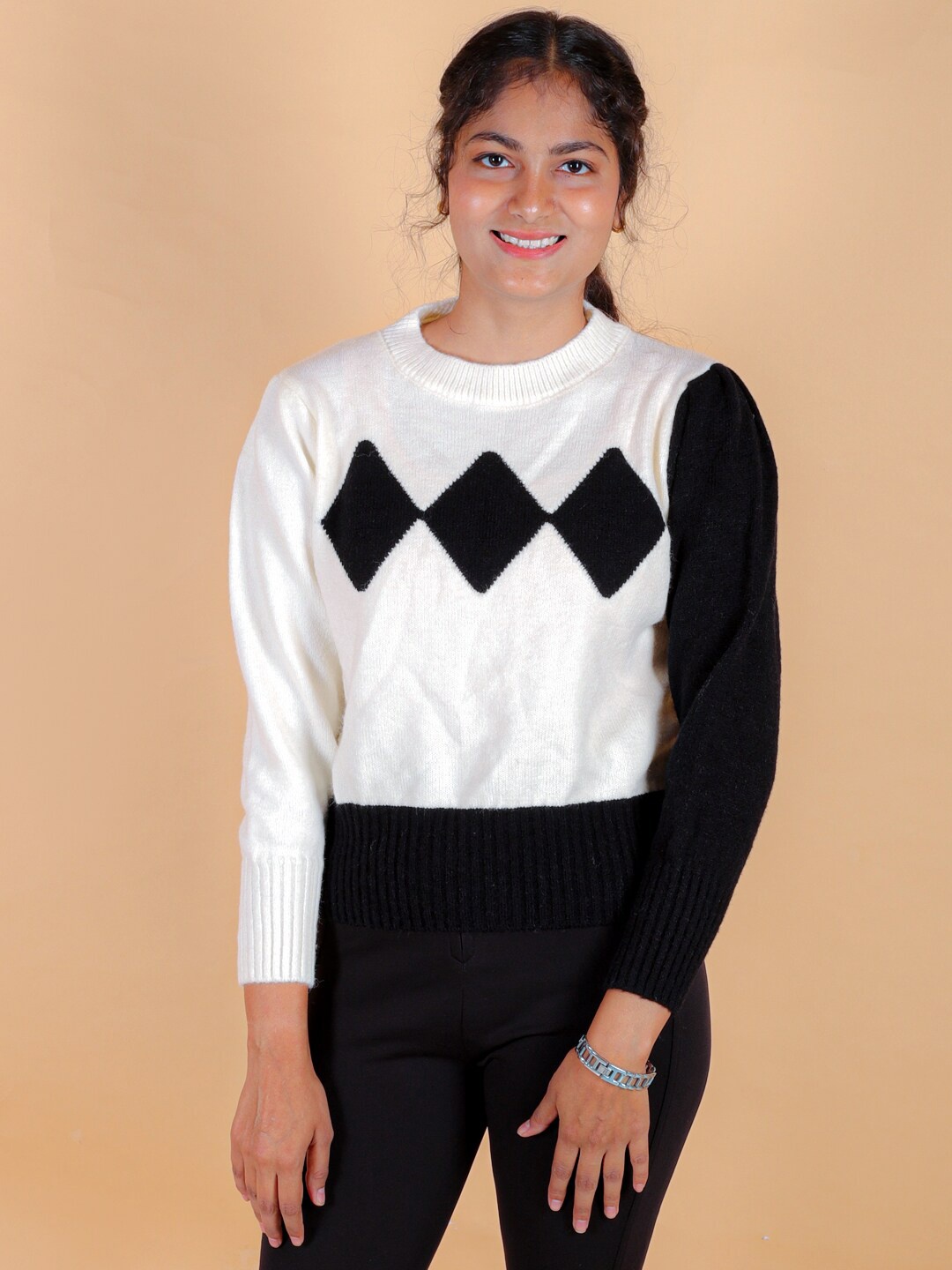 

BAESD Girls Geometric Printed Woollen Pullover, White