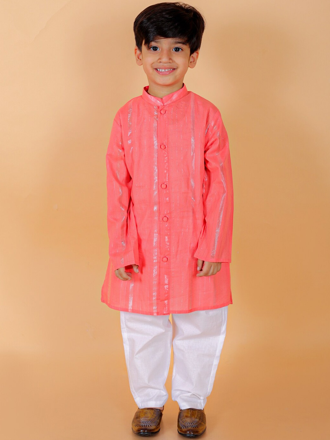 

BAESD Boys Striped Pure Cotton Kurta with Pyjamas, Peach