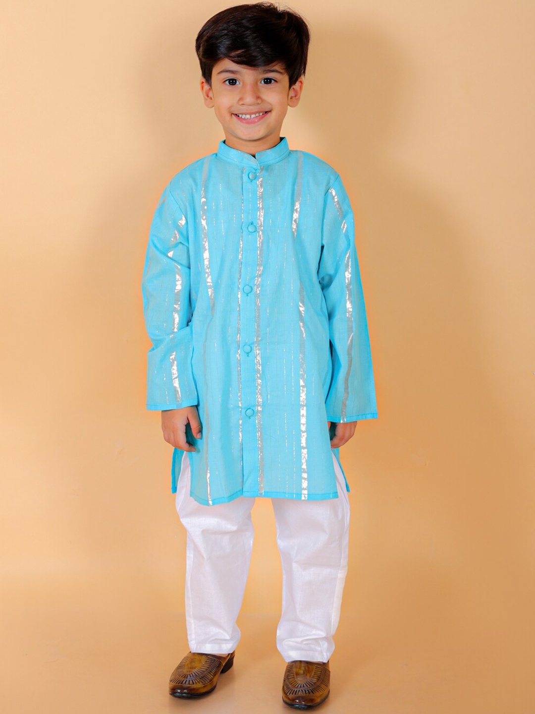 

BAESD Boys Striped Mandarin Collar Regular Pure Cotton Kurta With Pyjamas, Blue