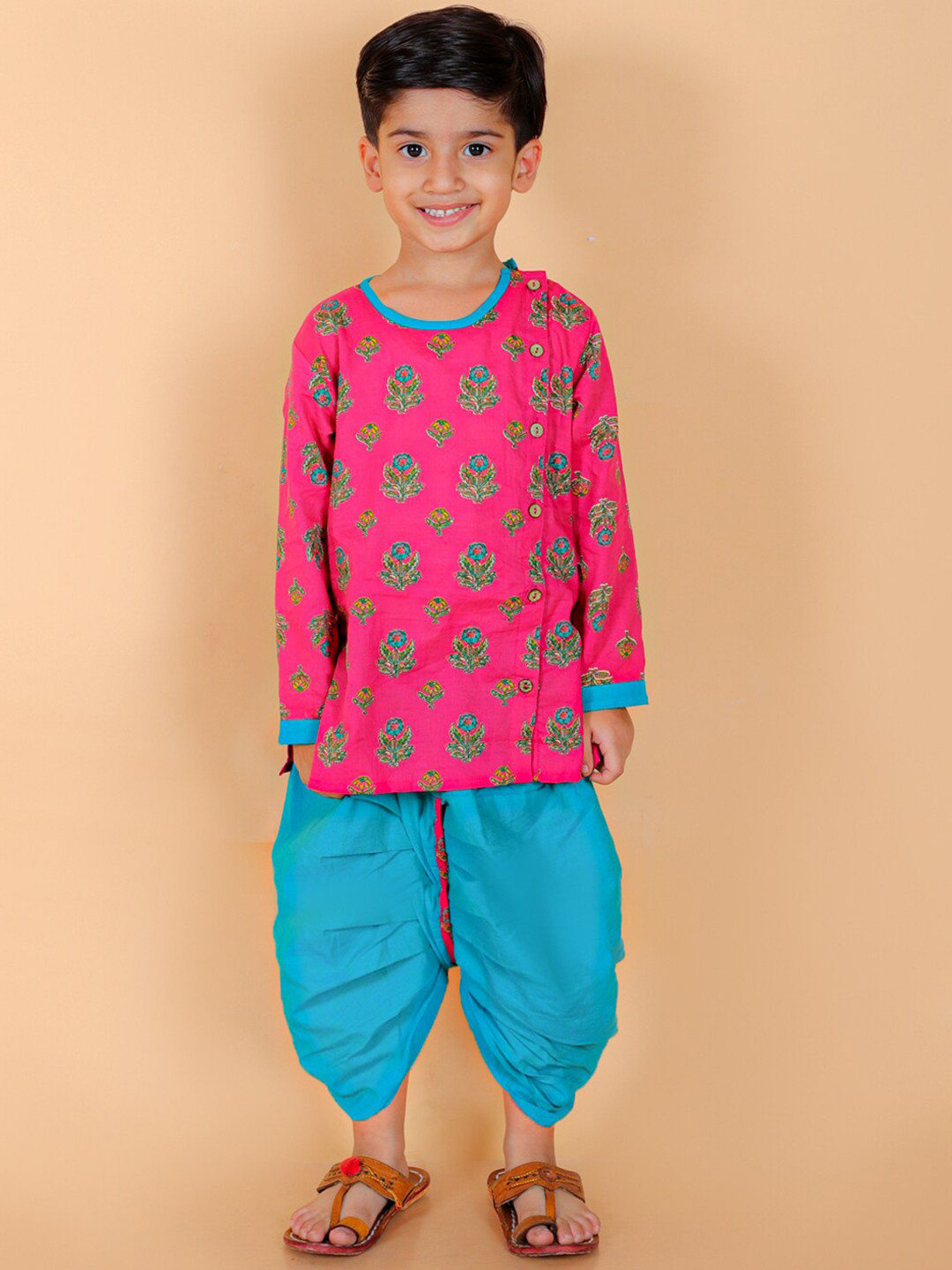 

BAESD Boys Floral Printed Round Neck Angrakha Pure Cotton Kurta With Dhoti Pants, Pink