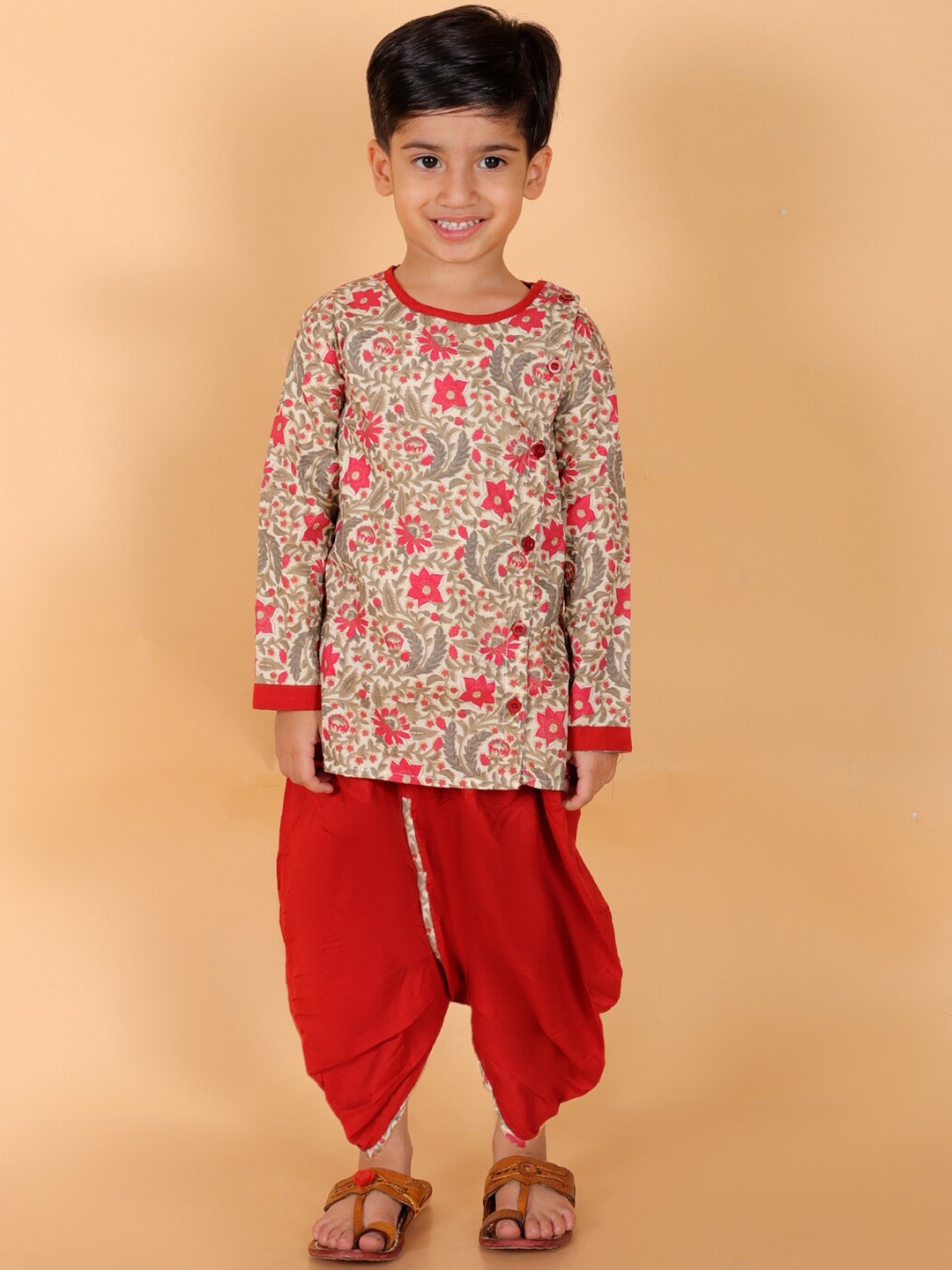 

BAESD Boys Floral Printed Round Neck Angrakha Pure Cotton Kurta With Dhoti Pants, Beige