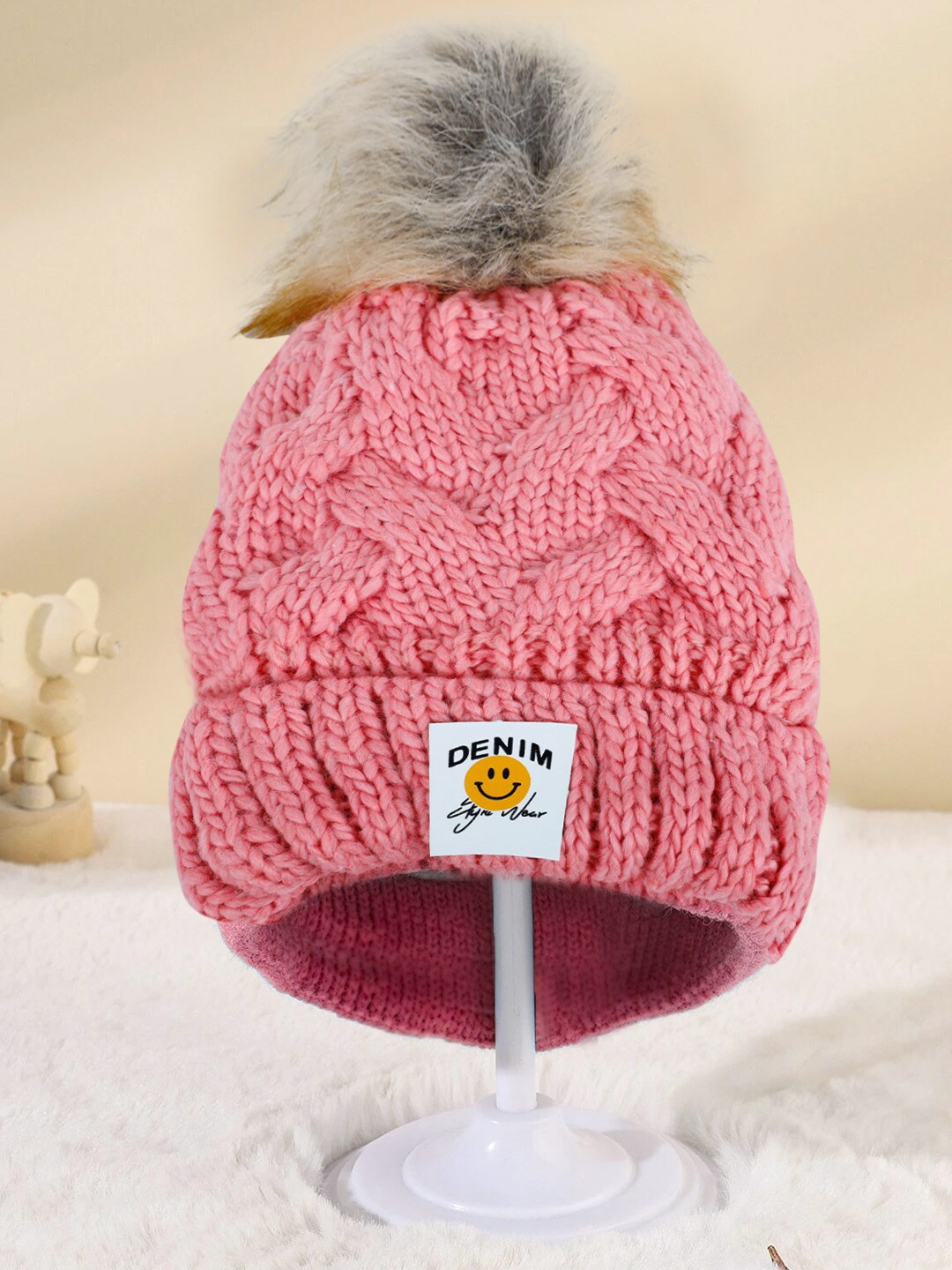 

Baby Moo Infants Self Design Woollen Beanie, Pink