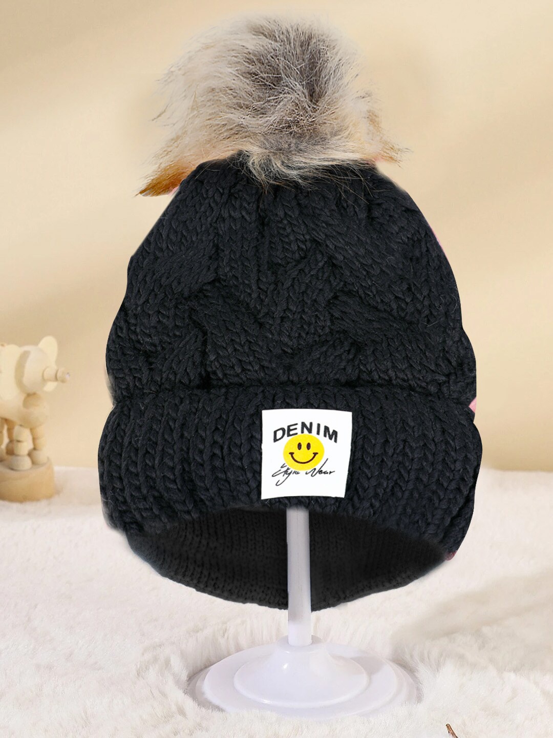 

Baby Moo Kids Self Design Woollen Beanie, Black