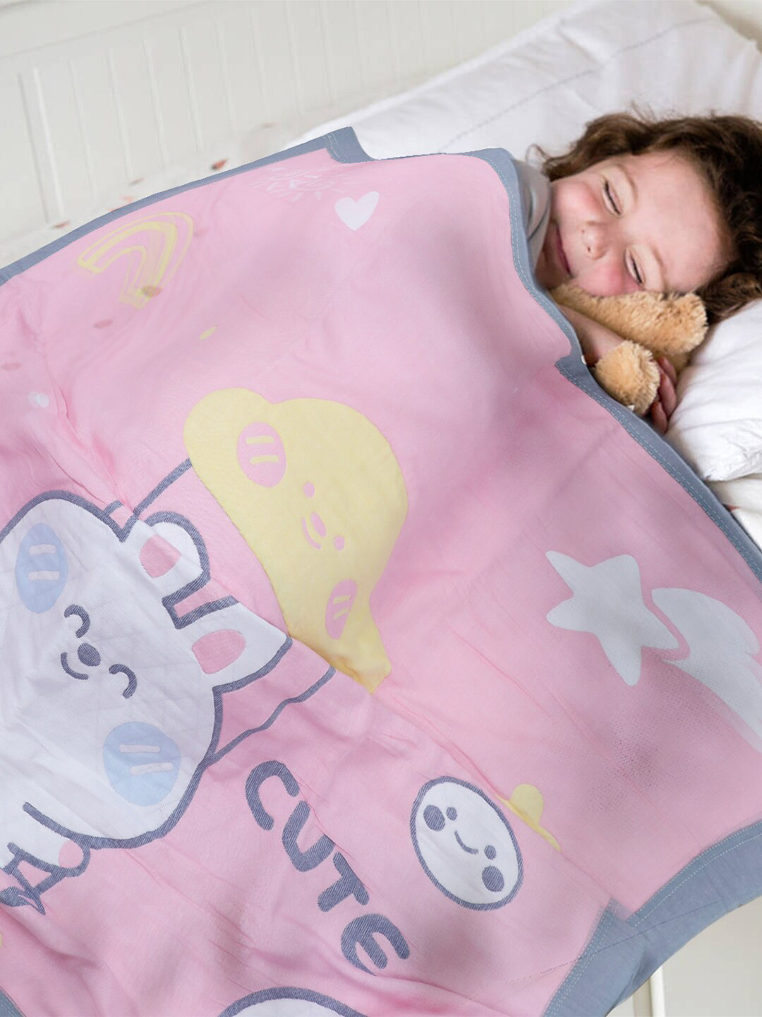 

Baby Moo Infants Kids Pink & Grey Graphic Mild Winter 210 GSM Muslin Single Bed Blanket