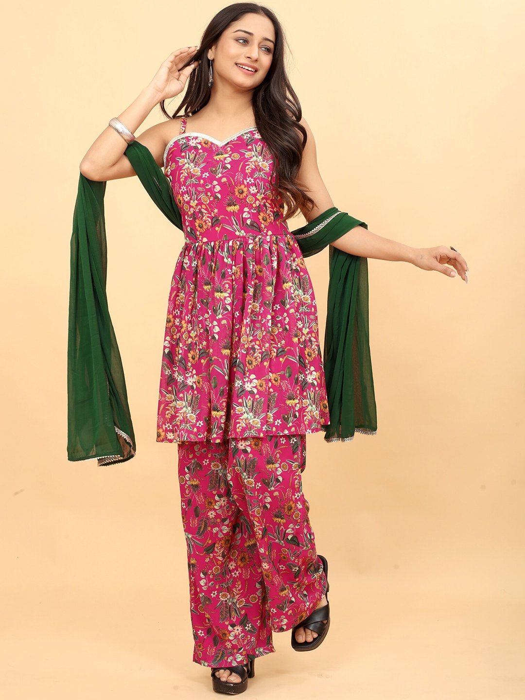 

Pari THE FASHION STUDIO Floral Printed Pleated Georgette Kurta With Palazzos & Dupatta, Pink