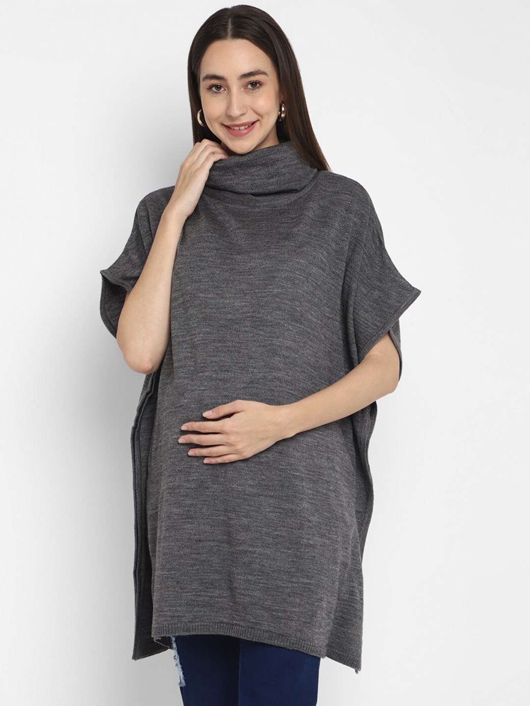 

Momsoon Maternity Turtle Neck Longline Maternity Poncho Sweaters, Grey