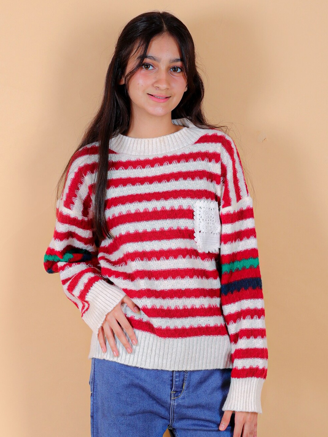 

BAESD Girls Striped Woollen Pullover, Red