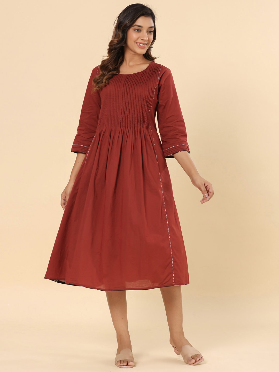 

SAVI Gathered Cotton Fit & Flare Midi Dress, Rust