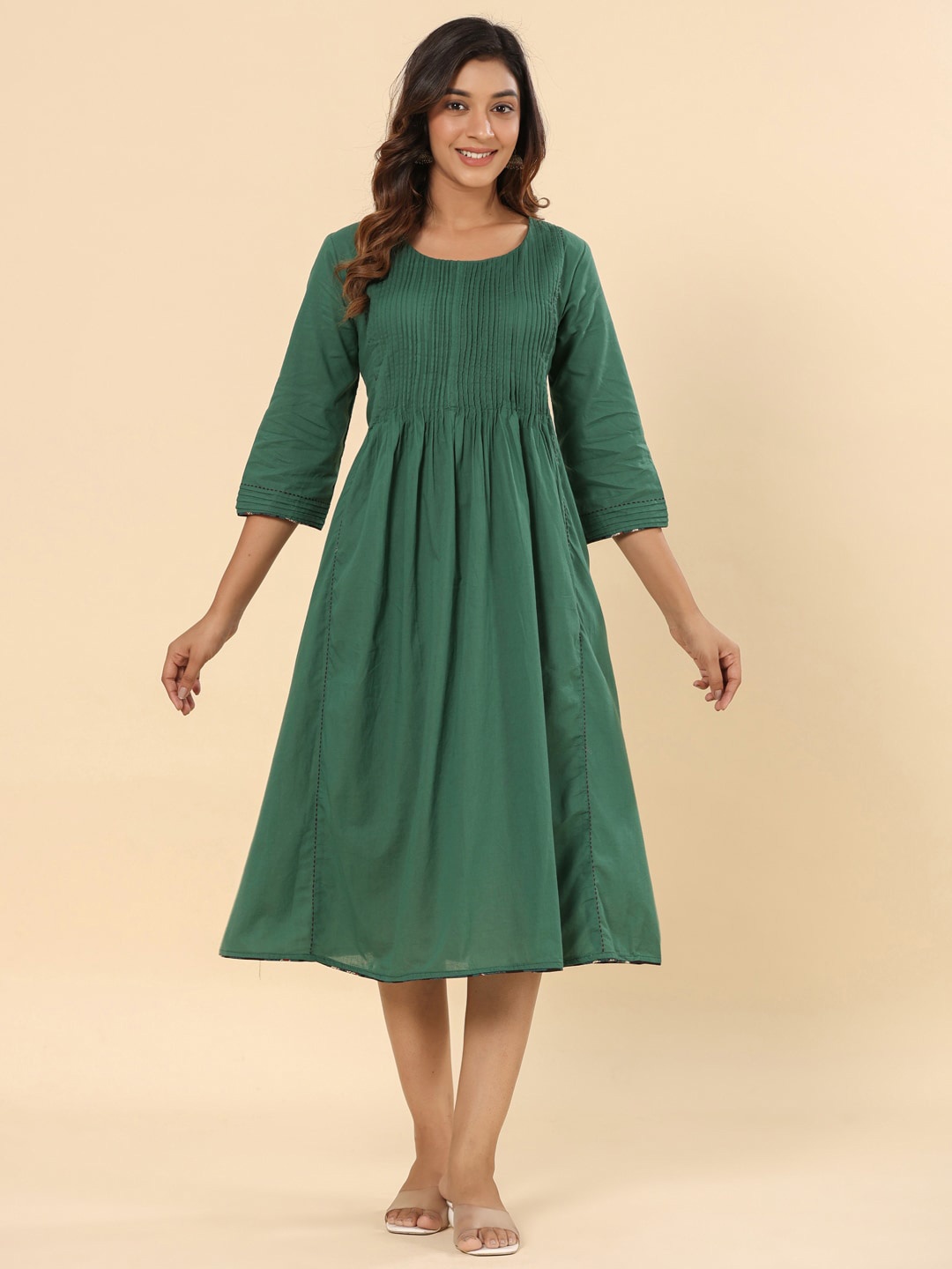 

SAVI Gathered Cotton Fit & Flare Midi Dress, Green