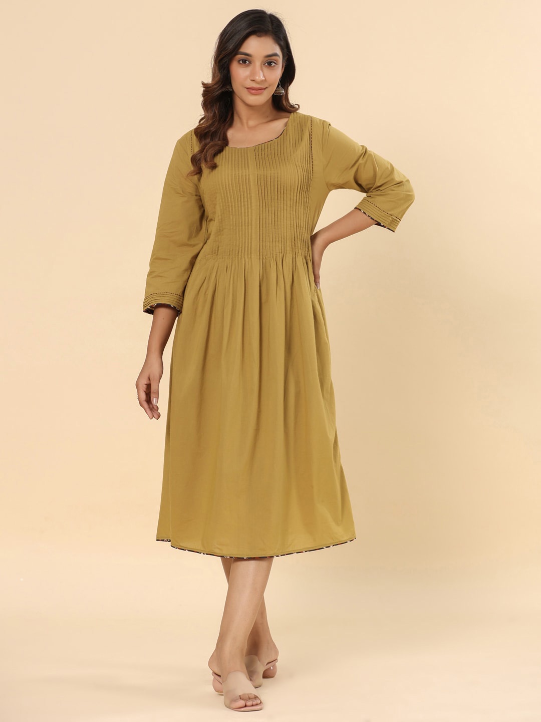 

SAVI Pleated A-Line Cotton Midi Dress With Pockets, Olive