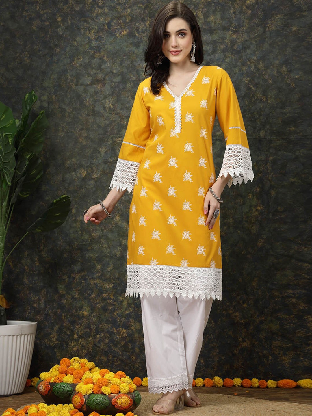 

plusS Ethnic Motifs Printed Flared Sleeves Cotton Straight Kurta, Mustard