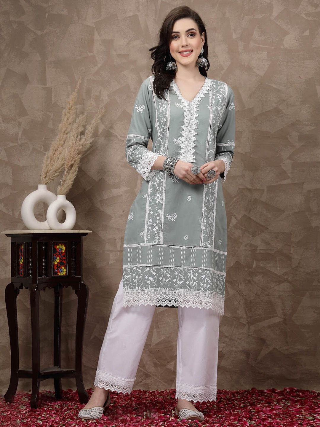 

plusS Sea Green & White Ethnic Motifs Printed Pure Cotton A Line Kurta