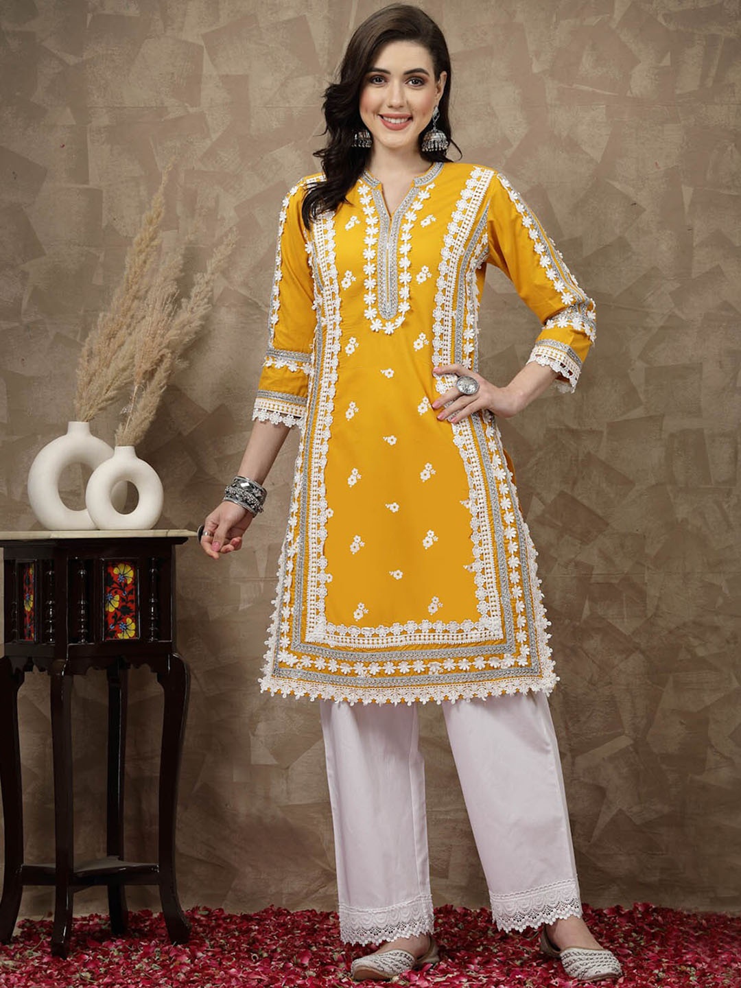 

plusS Mustard Yellow Floral Embroidered Thread Work Cotton Straight Kurta