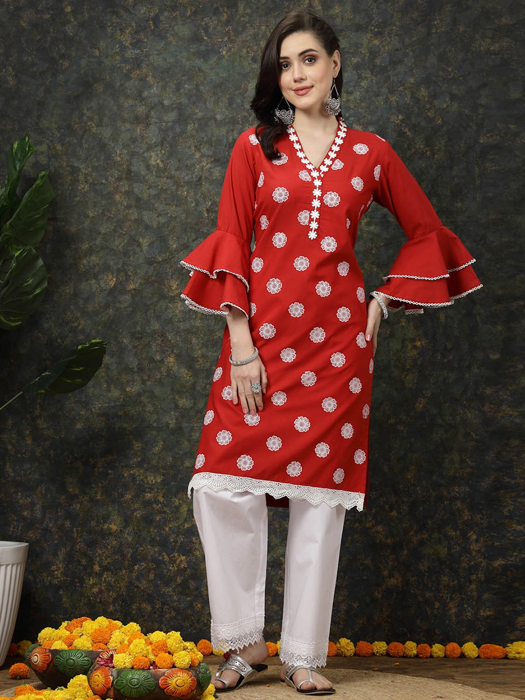 

plusS Red Floral Printed Flared Sleeves Thread Work Cotton Straight Kurta