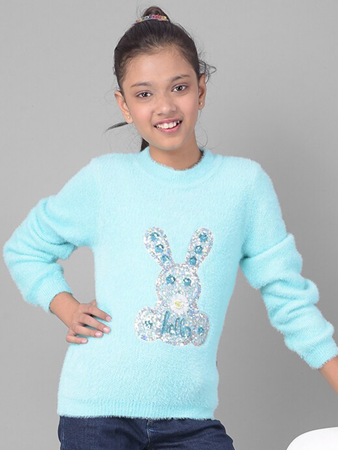 

Crimsoune Club Girls Graphic Printed Embellished Pullover Sweater, Blue