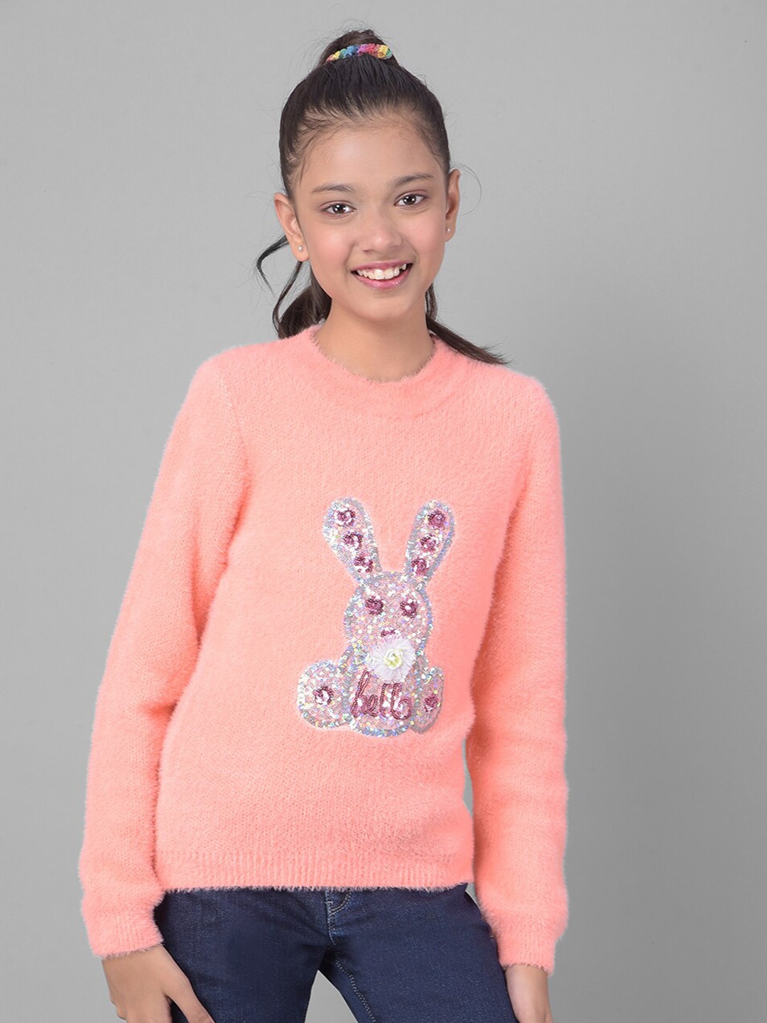 

Crimsoune Club Girls Graphic Printed Embellished Pullover Sweater, Peach