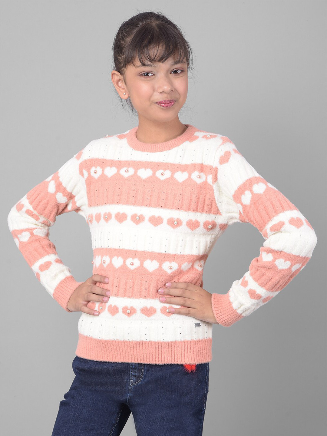 

Crimsoune Club Girls Colourblocked Pullover Sweater, Peach