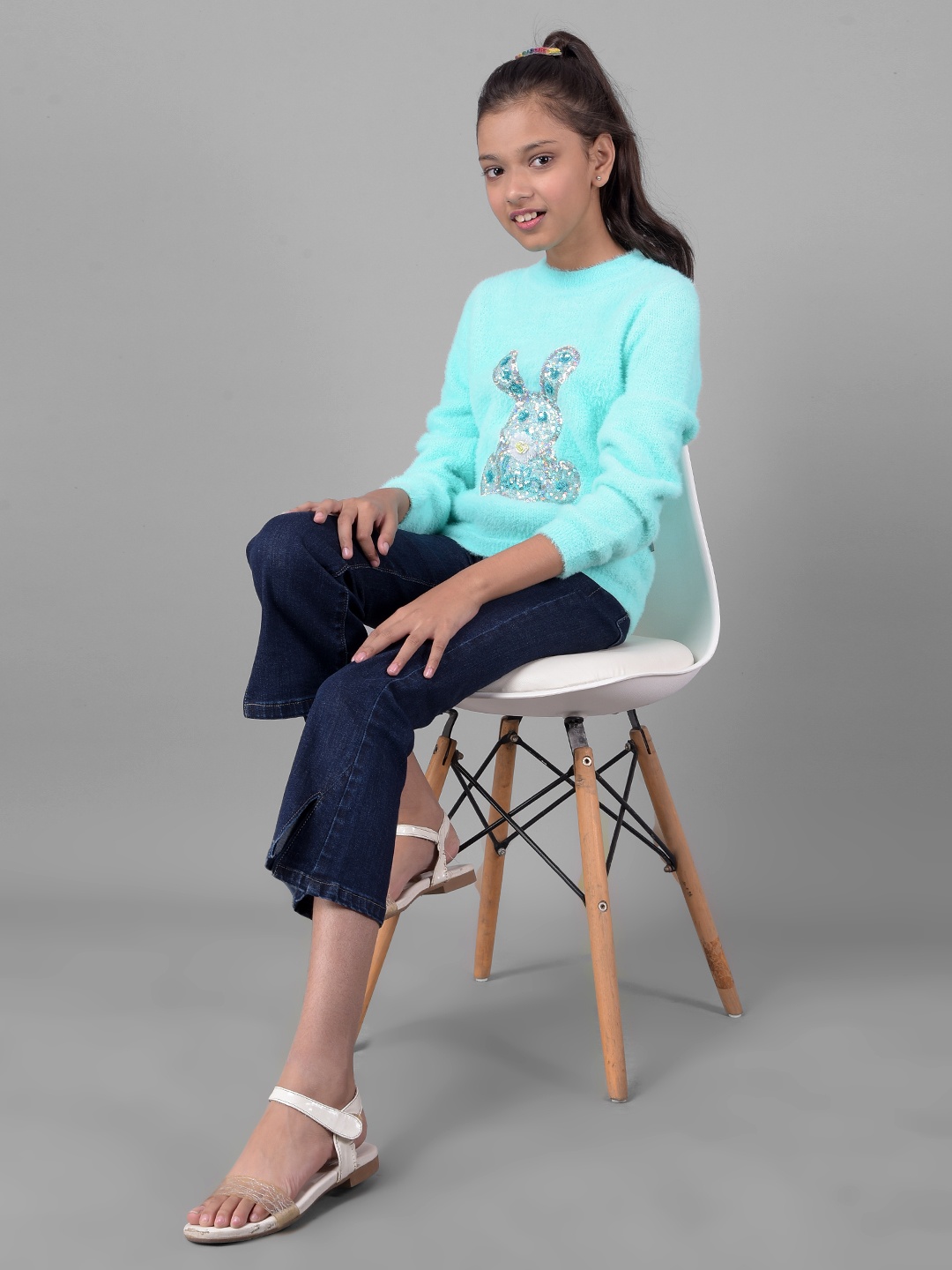 

Crimsoune Club Girls Graphic Self Design Pullover Sweater, Blue