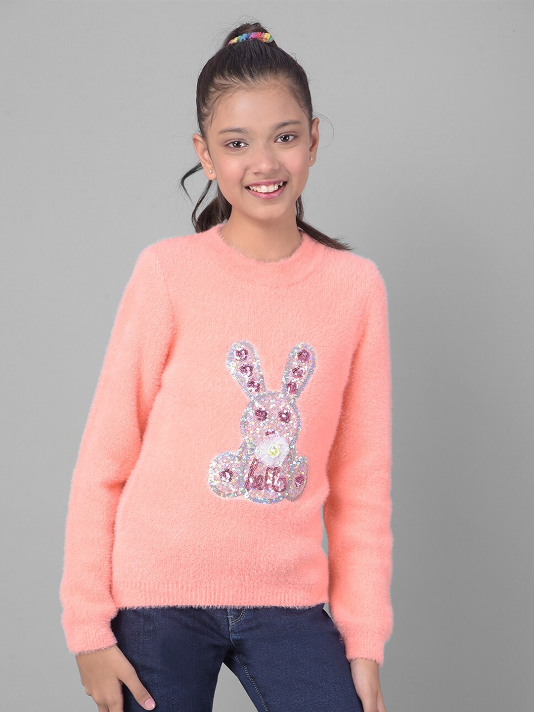 

Crimsoune Club Girls Graphic Printed Pullover, Peach