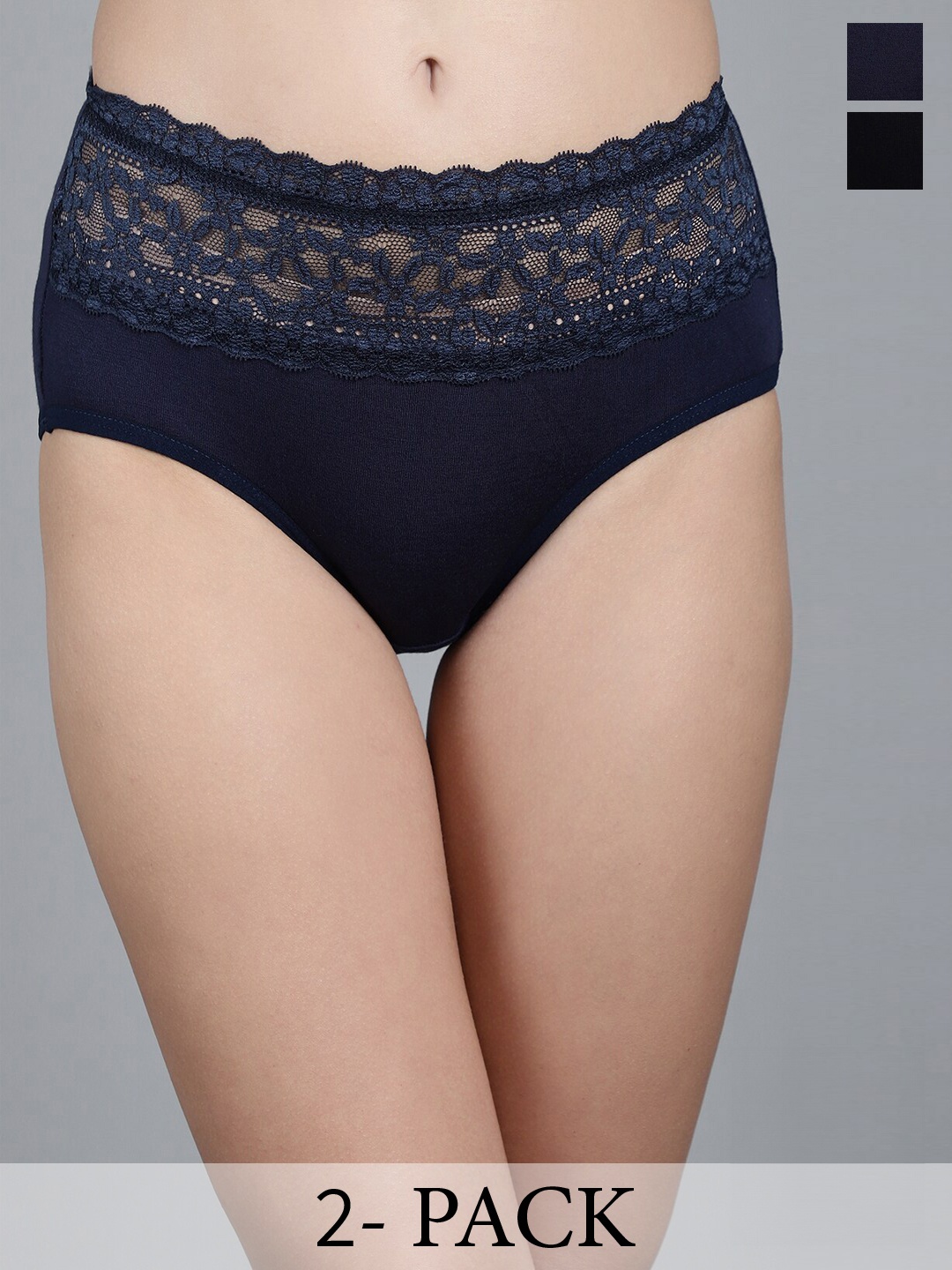 

GRACIT Pack Of 2 Mid-Rise Cotton Lace Lycra Hipster Briefs, Navy blue