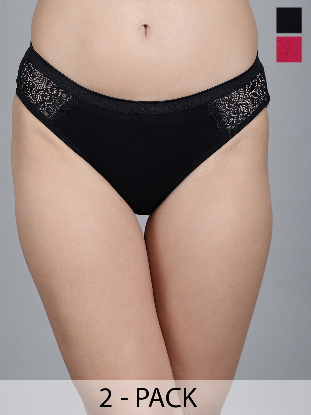 

GRACIT Pack Of 2 Cotton Lycra Lace Mid-Rise Hipster Briefs, Black