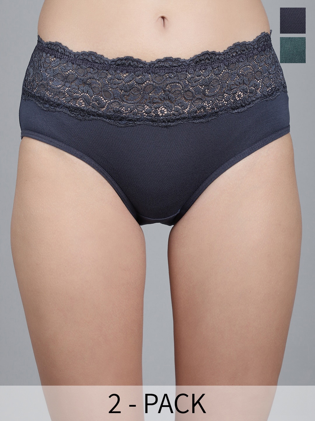 

GRACIT Pack Of 2 Cotton Lycra Lace Mid-Rise Hipster Briefs, Grey