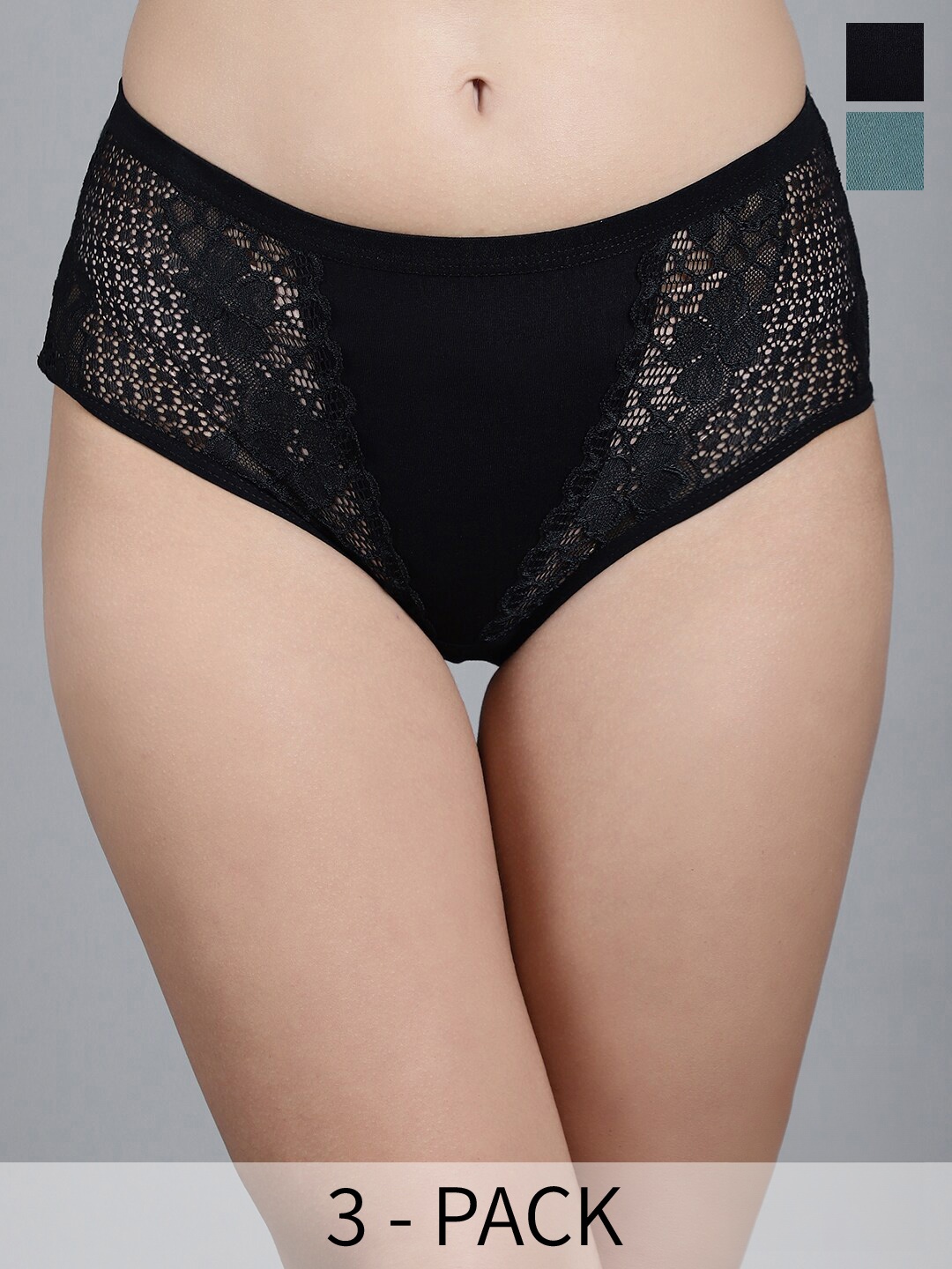 

GRACIT Pack Of 2 Cotton Lycra Lace Mid-Rise Hipster Briefs, Black