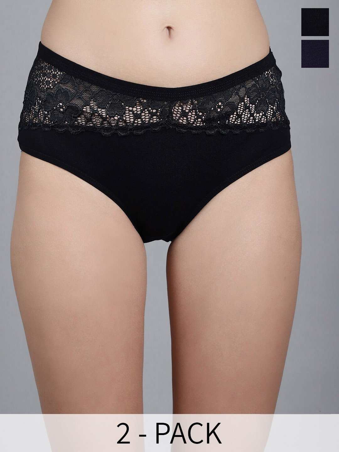 

GRACIT Pack Of 2 Self Design Lace Anti Microbial Hipster Briefs, Black