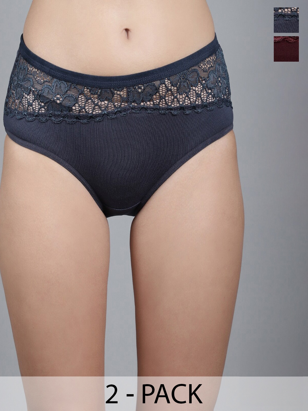 

GRACIT Pack Of 2 Cotton Lycra Lace Mid-Rise Hipster Briefs, Grey