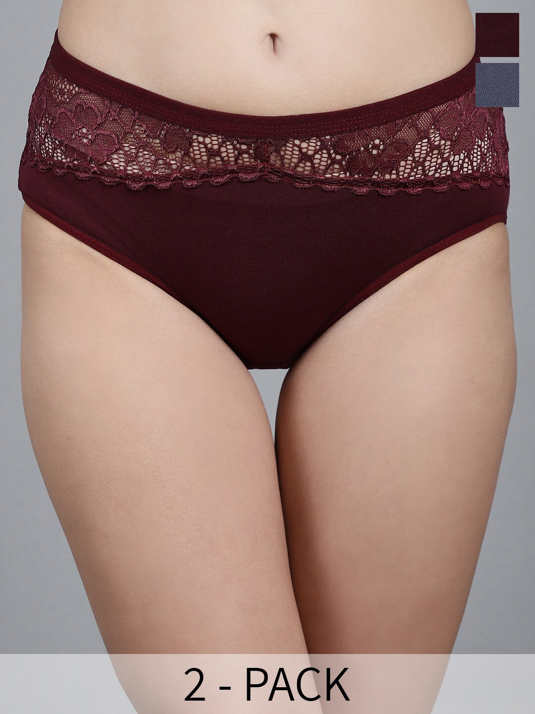 

GRACIT Pack Of 2 Self Design Lace Anti Microbial Hipster Briefs, Maroon
