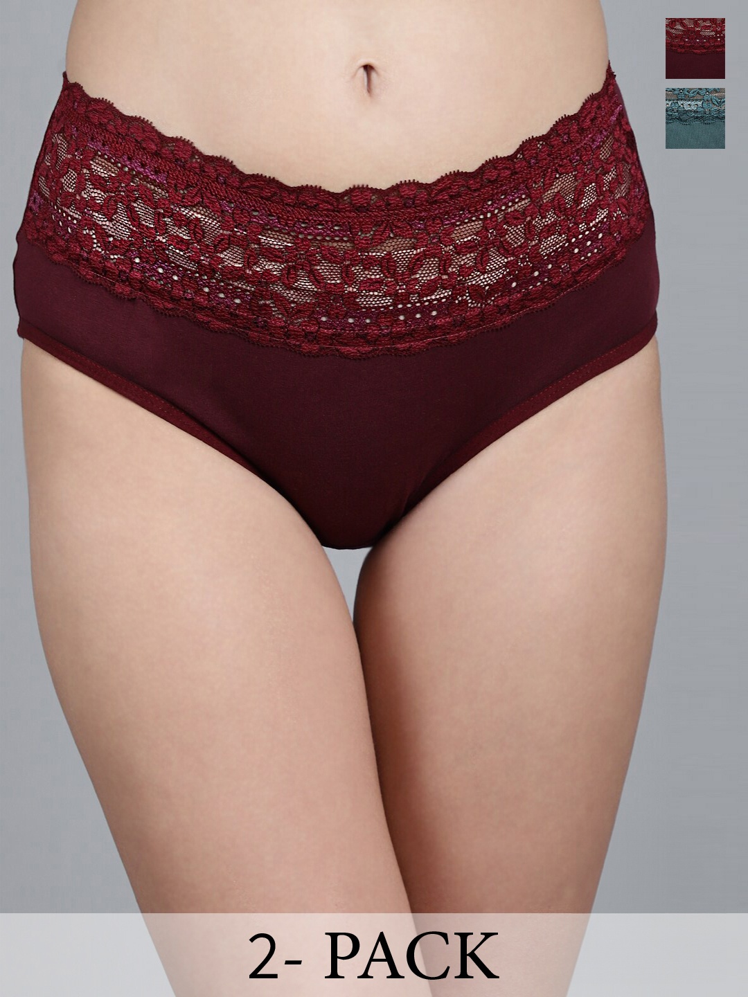 

GRACIT Pack Of 2 Self Design Lace Anti Microbial Hipster Briefs, Maroon