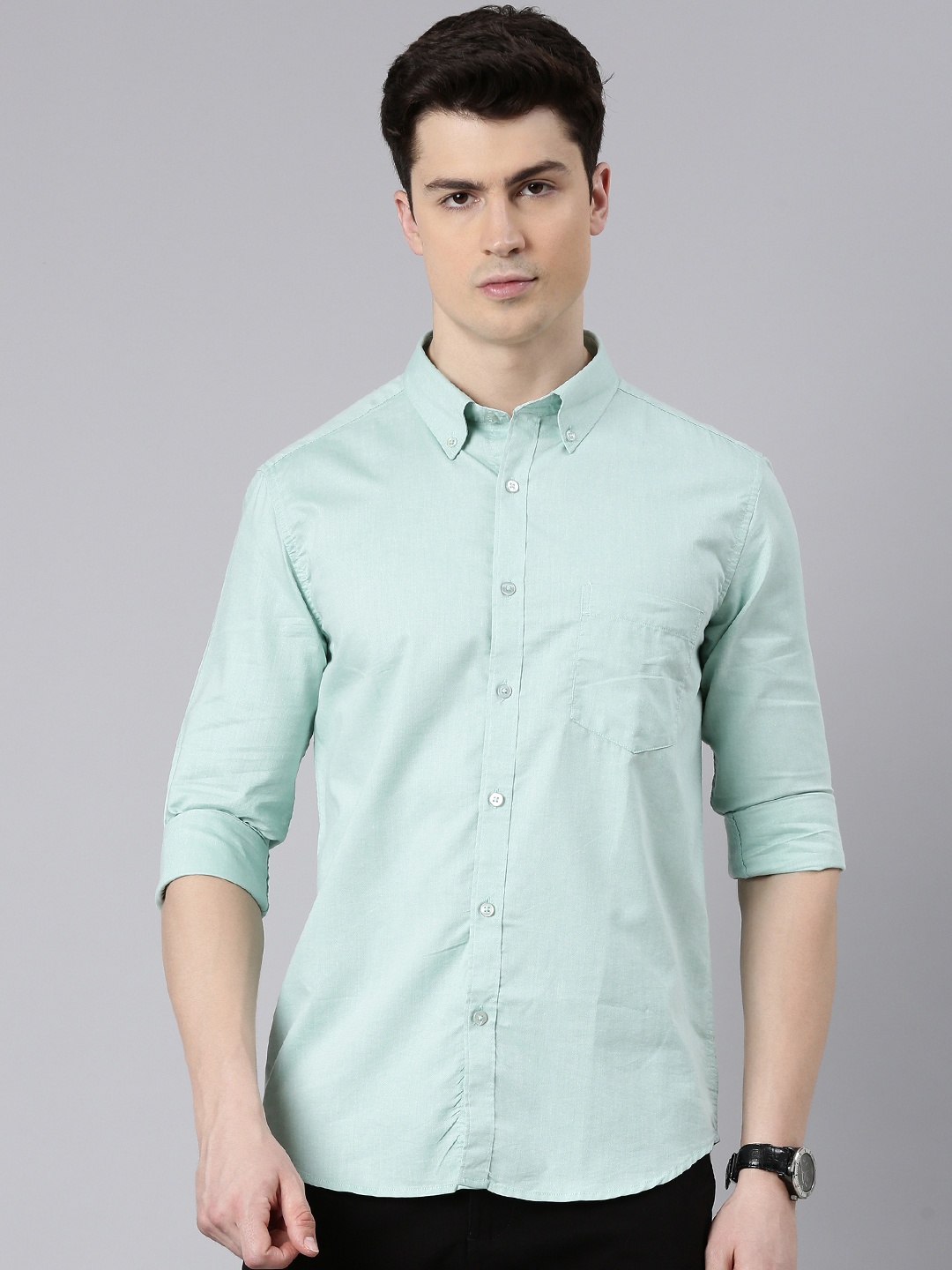 

Bushirt Smart Button-Down Collar Long Sleeves Cotton Casual Shirt, Turquoise blue