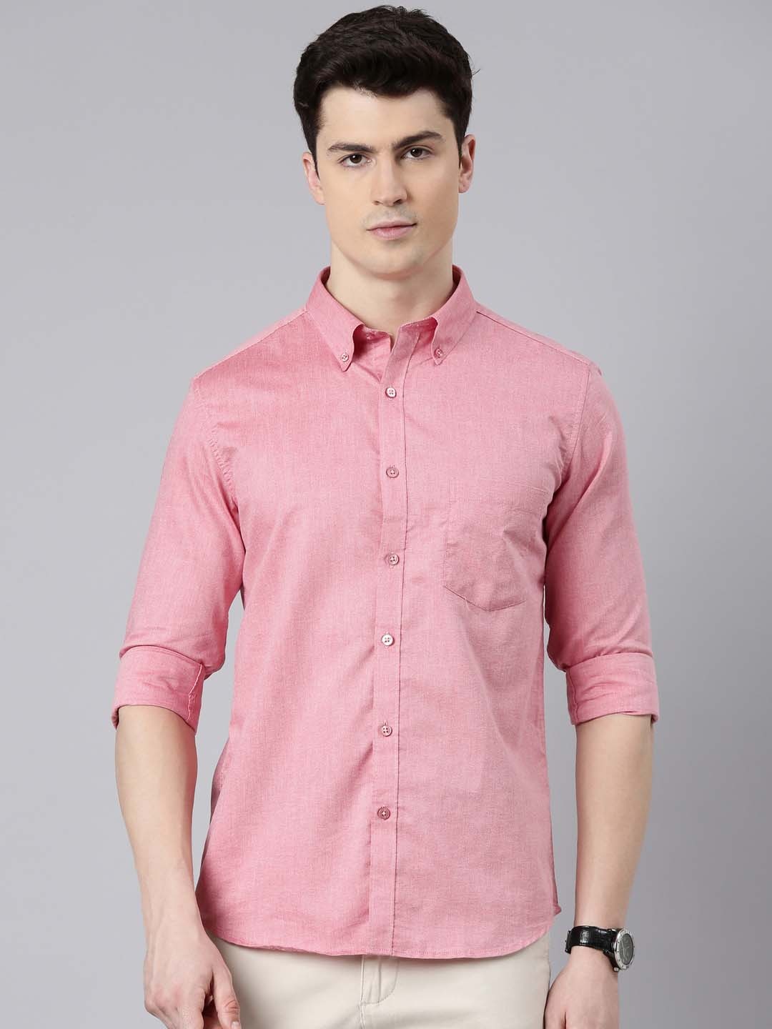 

Bushirt Smart Button-Down Collar Long Sleeves Cotton Casual Shirt, Pink