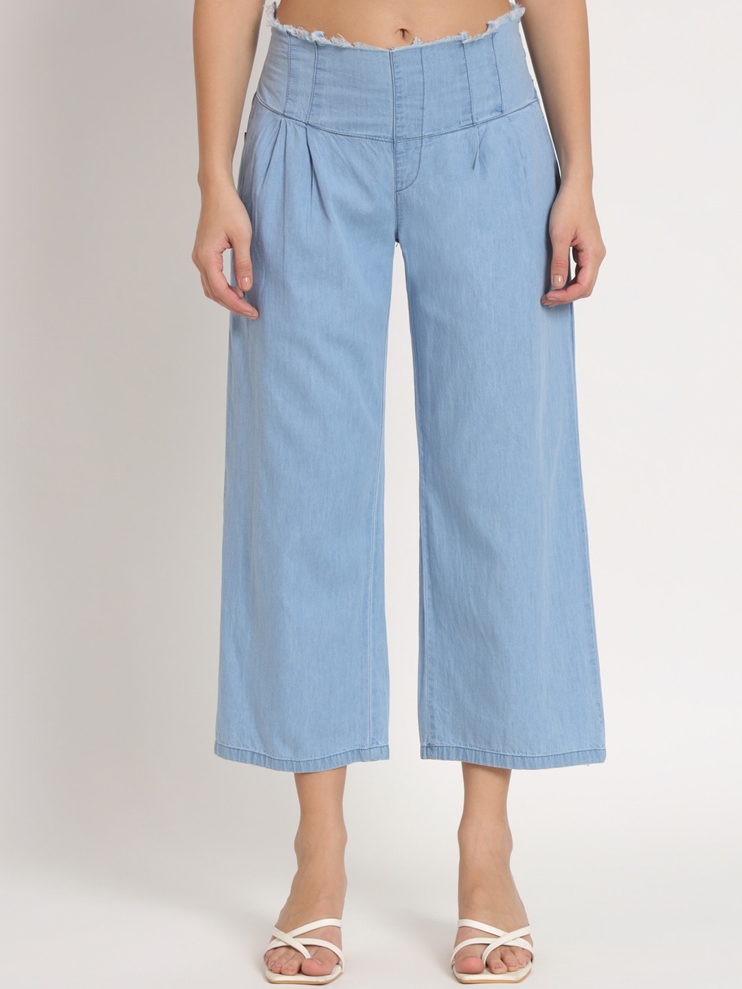 

AngelFab Women Straight Fit High Rise Pleated Denim Culottes Trousers, Blue