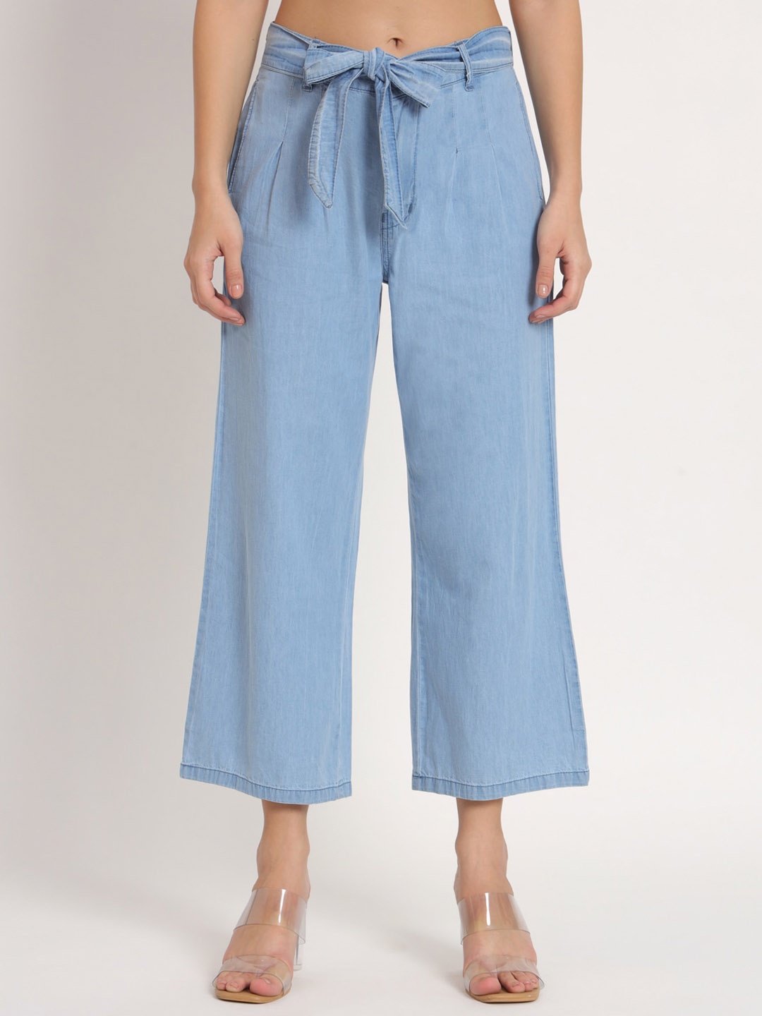 

AngelFab Women Straight Fit High-Rise Pleated Denim Culottes Trousers, Blue