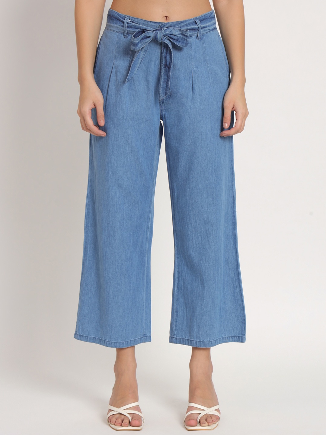

BAESD Women High-Rise Straight Fit Pleated Denim Culottes Trousers, Blue