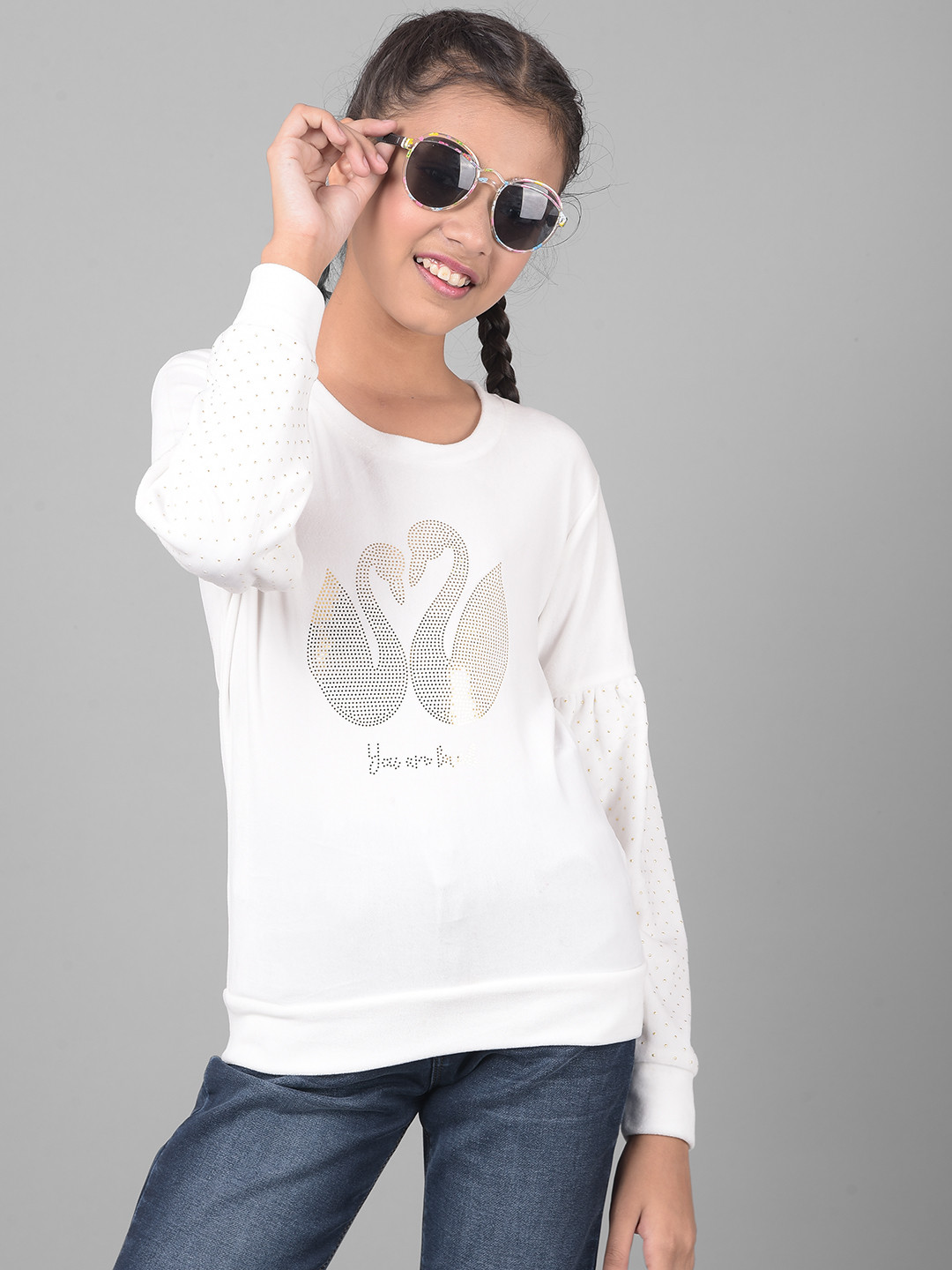 

Crimsoune Club Girls Graphic Printed Pullover, White