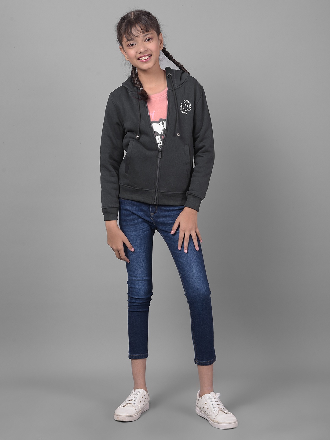 

Crimsoune Club Girls Graphic Printed Hooded Front-Open Sweatshirt, Navy blue