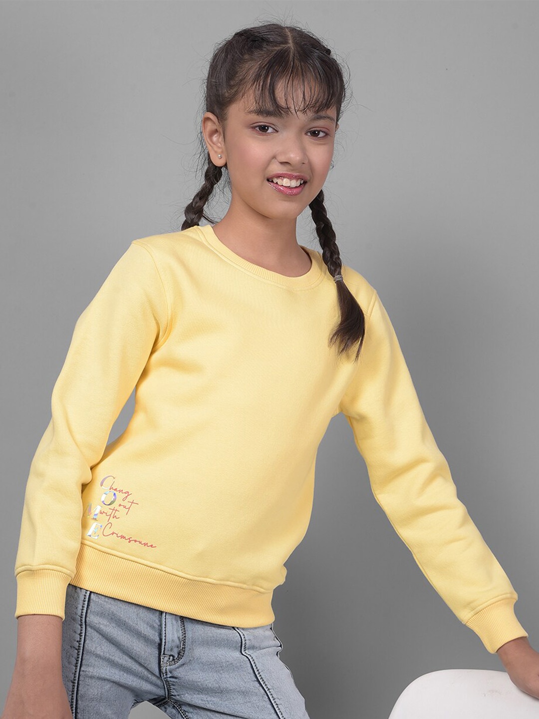 

Crimsoune Club Girls Typography Printed Pullover, Yellow