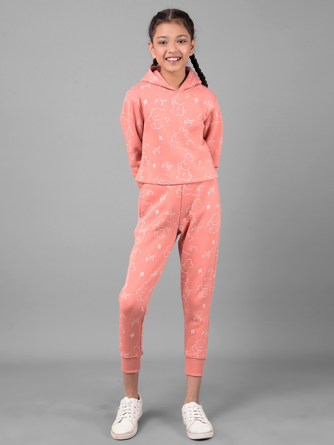 

Crimsoune Club Girls Graphic Printed Hooded Crop Pullover Sweatshirt, Peach