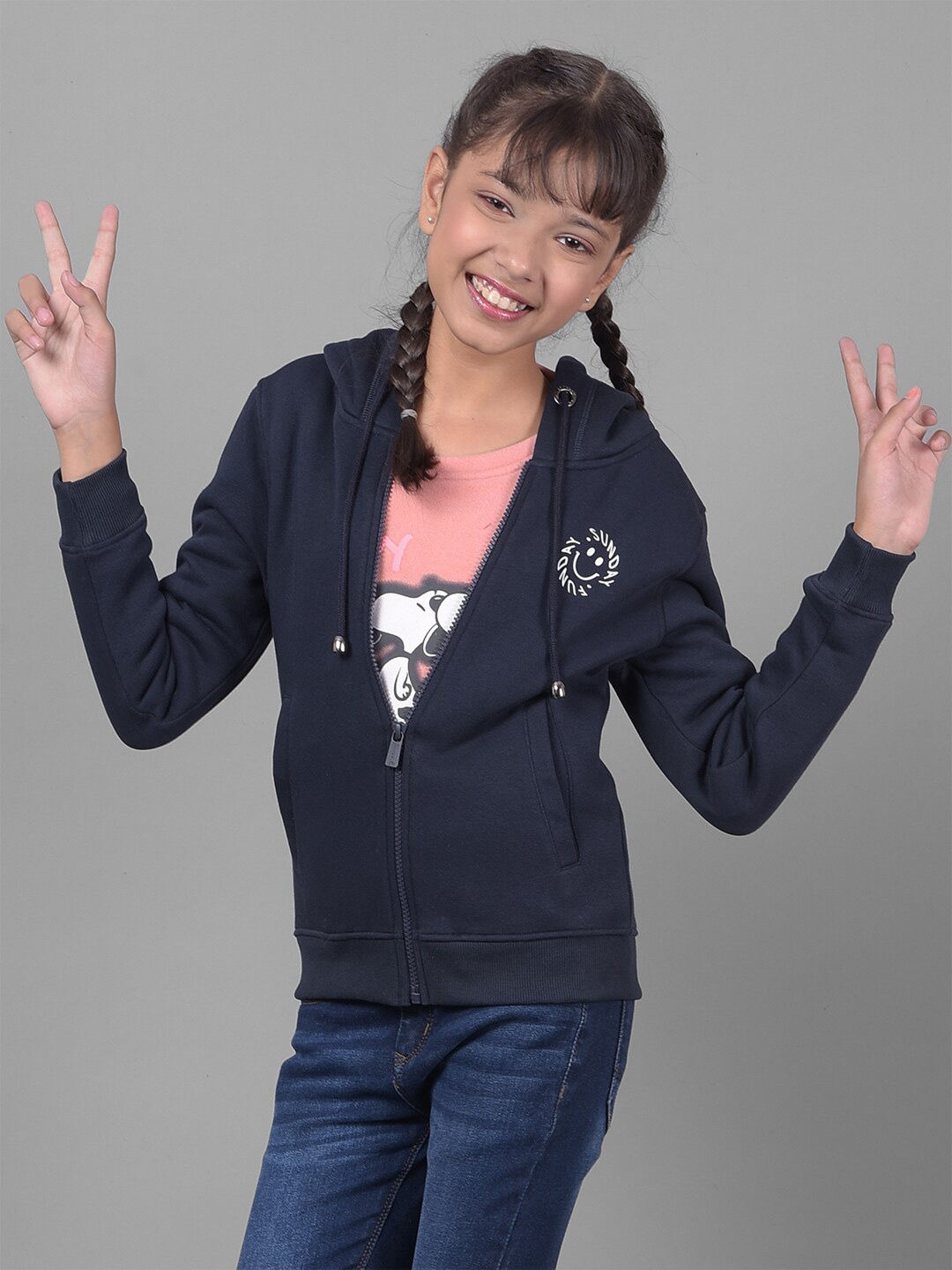 

Crimsoune Club Girls Hooded Ribbed Front-Open Sweatshirt, Navy blue